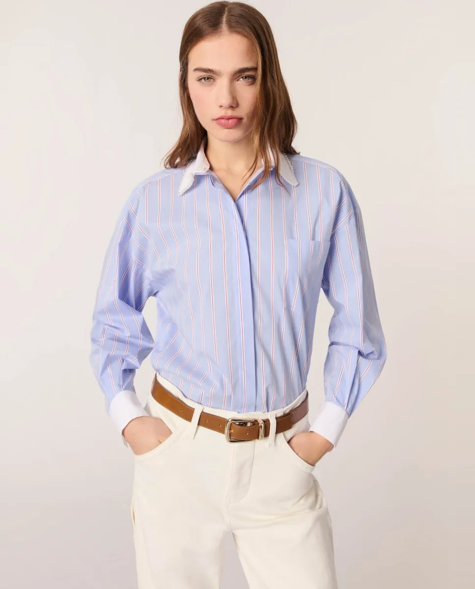 Женская полосатая рубашка с воротником из бисера Maje, голубой
Женская полосатая рубашка с воротником из бисера Maje, голубой