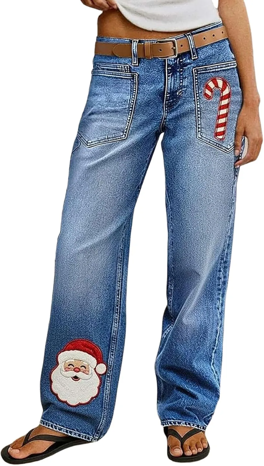 Женские джинсы с высокой талией и прямыми штанинами Stretchy, принт с рождественским патчем, эффект потертостей QLAUYIOE
Женские джинсы с высокой талией и прямыми штанинами Stretchy, принт с рождественским патчем, эффект потертостей QLAUYIOE
