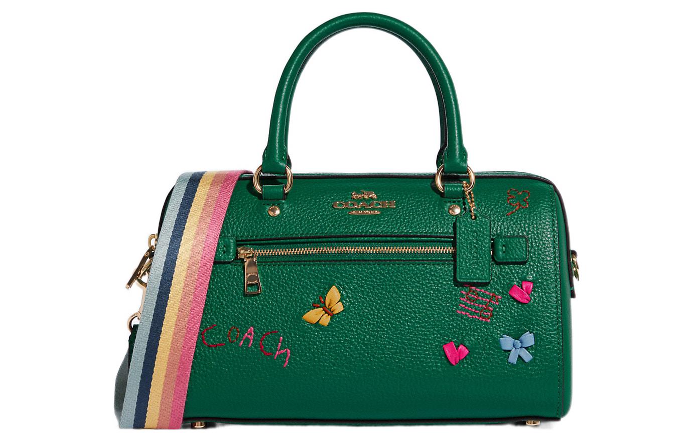 Дневник Вышивка Коллаборация Rowan Кожаная Сумка на Одно Плечо, Кроссбод Табас Женская Зеленая COACH