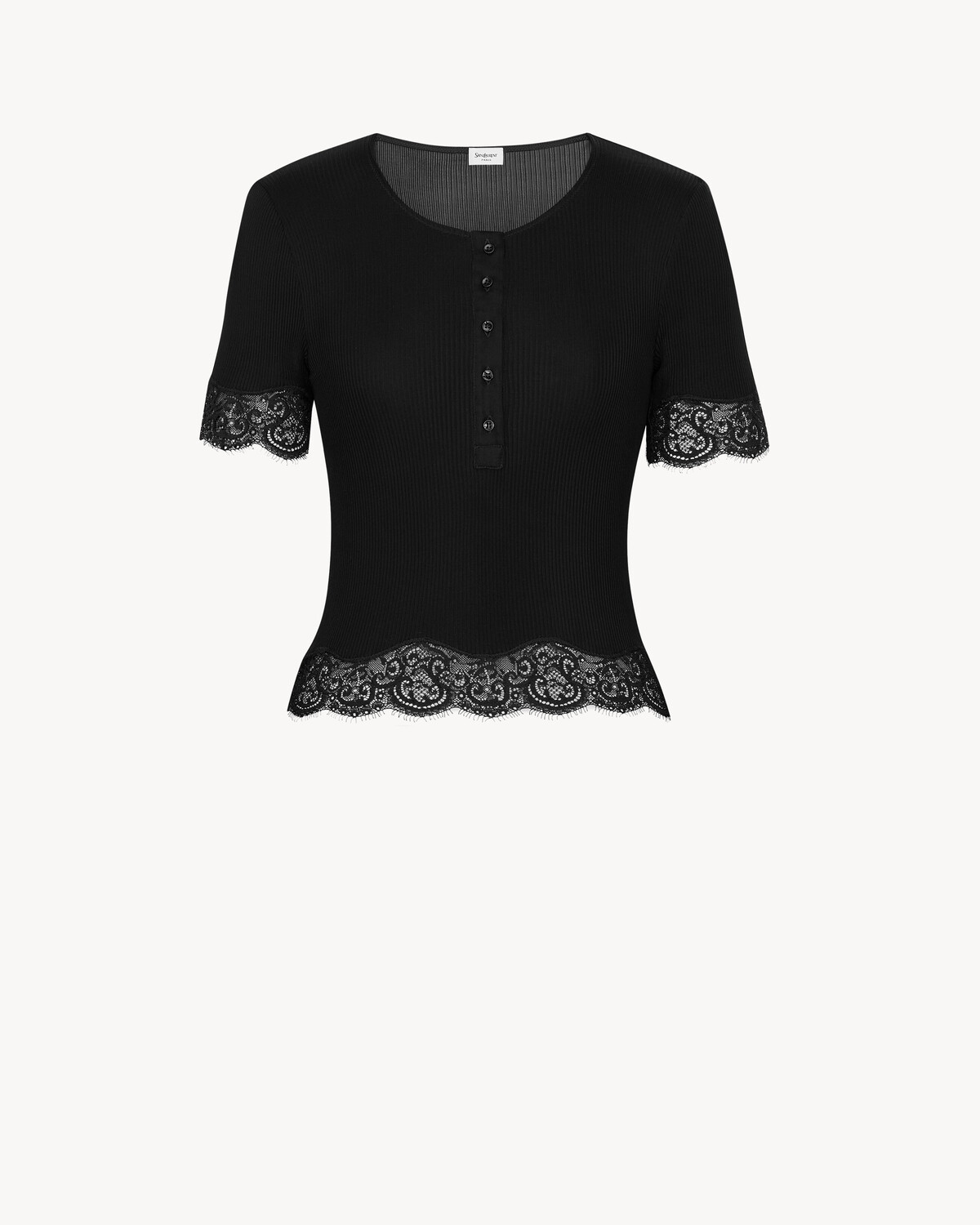 Футболка с кружевной отделкой из рубчатого шелкового трикотажа Saint Laurent, черный
Футболка с кружевной отделкой из рубчатого шелкового трикотажа Saint Laurent, черный