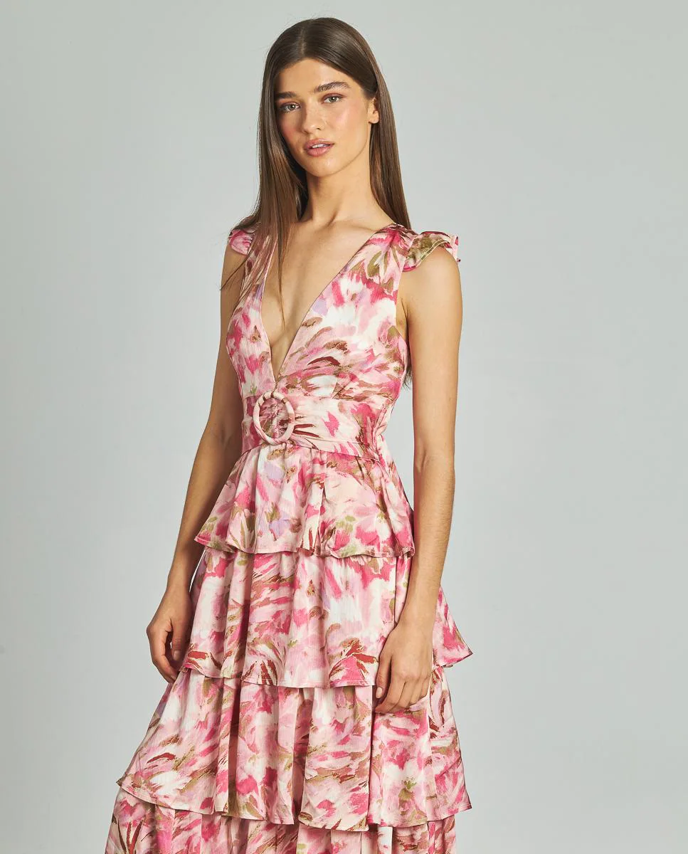 Длинное платье с V-образным вырезом и цветочным принтом, с рюшами на юбке Alma en Pena, розовый
Длинное платье с V-образным вырезом и цветочным принтом, с рюшами на юбке Alma en Pena, розовый