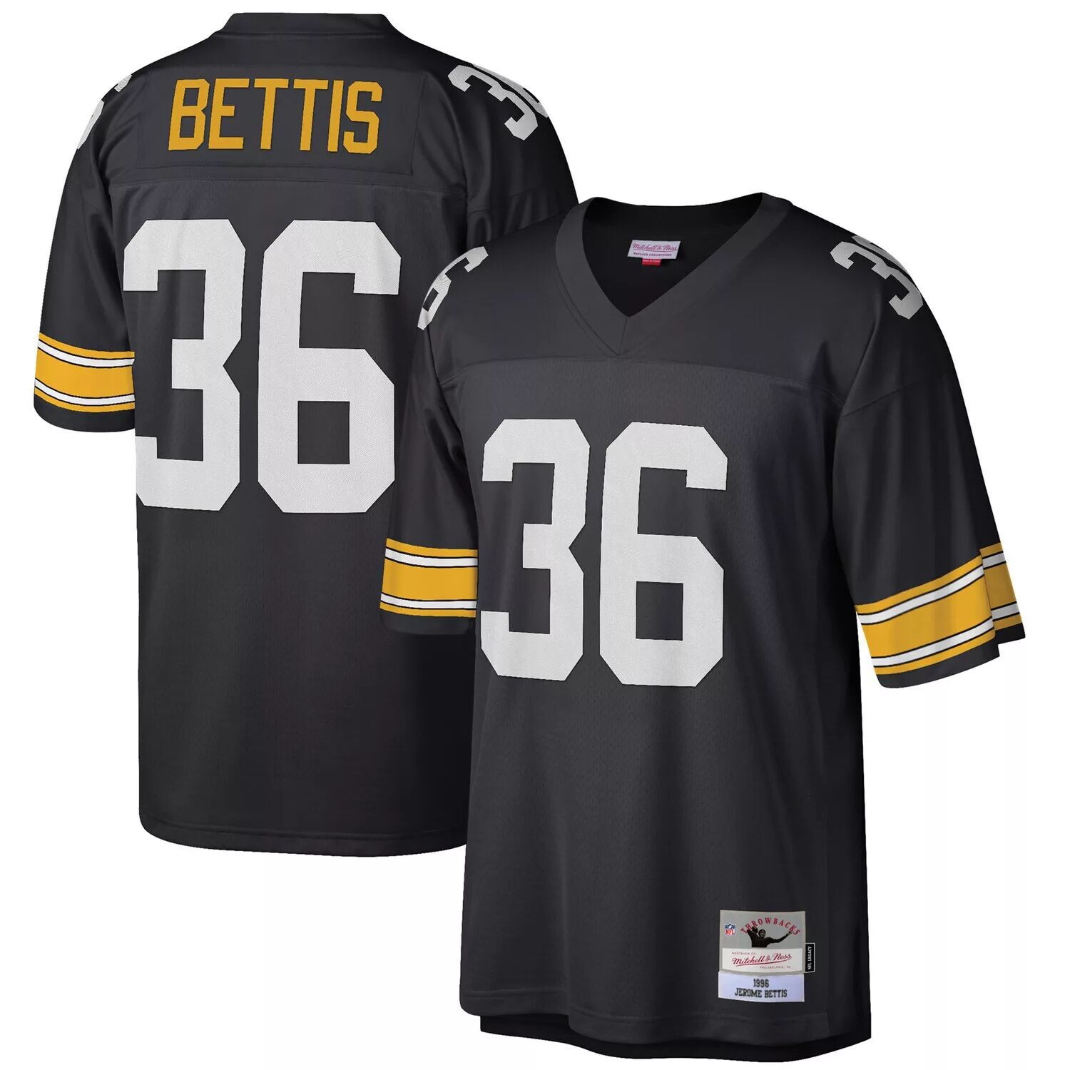 Мужская футболка Mitchell & Ness Jerome Bettis Black Pittsburgh Steelers Big & Tall 1996, реплика вышедшего на пенсию игрока
Мужская футболка Mitchell & Ness Jerome Bettis Black Pittsburgh Steelers Big & Tall 1996, реплика вышедшего на пенсию игрока