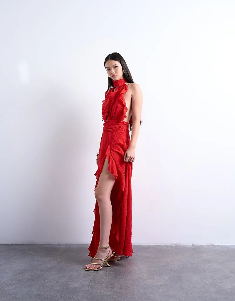 Длинное платье Topshop с глубоким декольте и оборками красного цвета
Длинное платье Topshop с глубоким декольте и оборками красного цвета