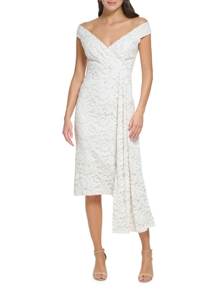 Кружевное платье-футляр с открытыми плечами Eliza J, цвет Ivory Beige 
Кружевное платье-футляр с открытыми плечами Eliza J, цвет Ivory Beige