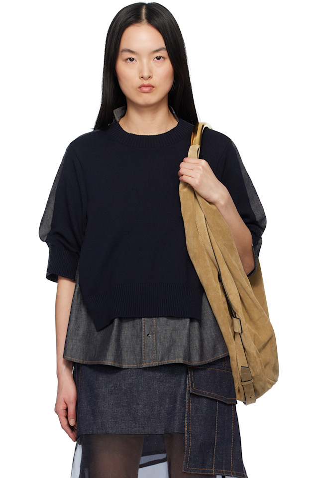 Джинсовый вязаный свитер микс Sacai, индиго 
Джинсовый вязаный свитер микс Sacai, индиго