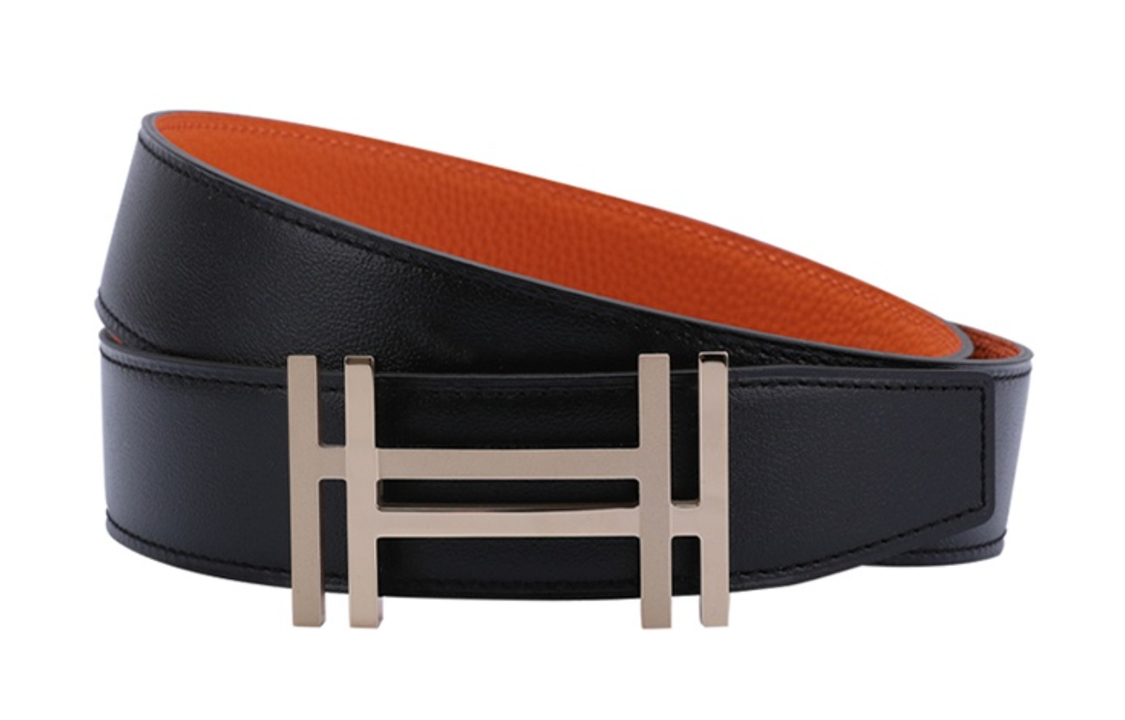 HERMES Кожаный ремень из телячьей кожи Того мужской шириной 3.2 см, Black/Orange 
HERMES Кожаный ремень из телячьей кожи Того мужской шириной 3.2 см, Black/Orange