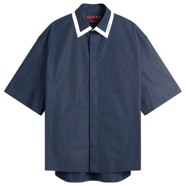 Рубашка из хлопка с коротким рукавом и воротником-стойкой Gucci, синий 
Рубашка из хлопка с коротким рукавом и воротником-стойкой Gucci, синий