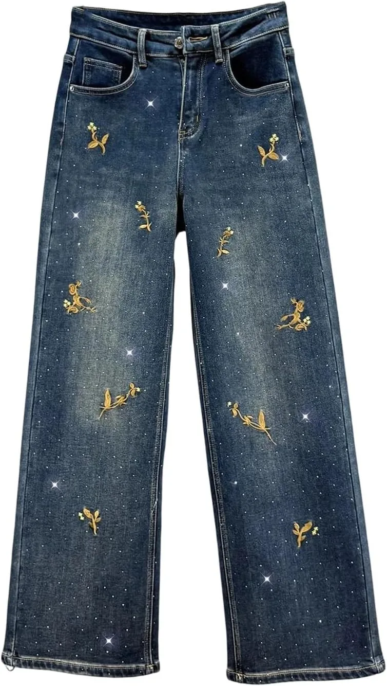 Женские джинсы с флисом на зиму, широкие, с вышивкой и стразами
Женские джинсы с флисом на зиму, широкие, с вышивкой и стразами