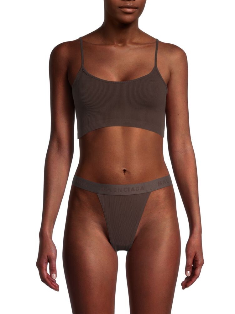 Укороченный топ ребристой вязки Balenciaga, коричневый 
Укороченный топ ребристой вязки Balenciaga, коричневый