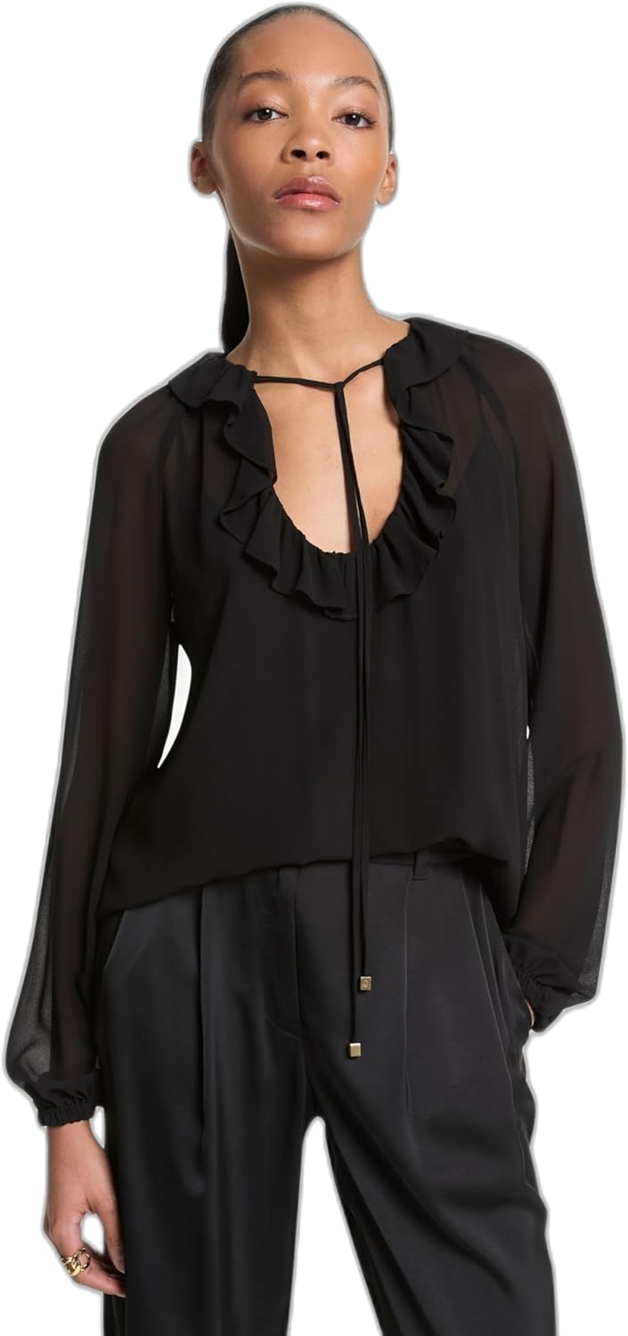 Michael Kors Womens Ruffle Neck Blouse, Black
Michael Kors Womens Ruffle Neck Blouse, Black