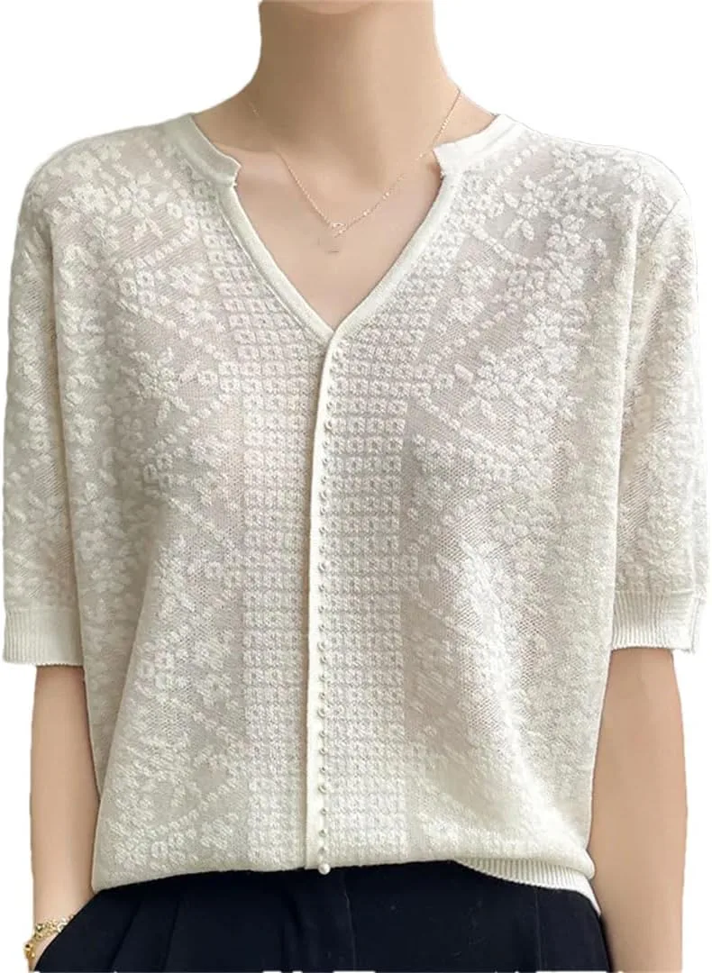 Женский летний вязаный свитер с коротким рукавом и V-образным вырезом
Женский летний вязаный свитер с коротким рукавом и V-образным вырезом