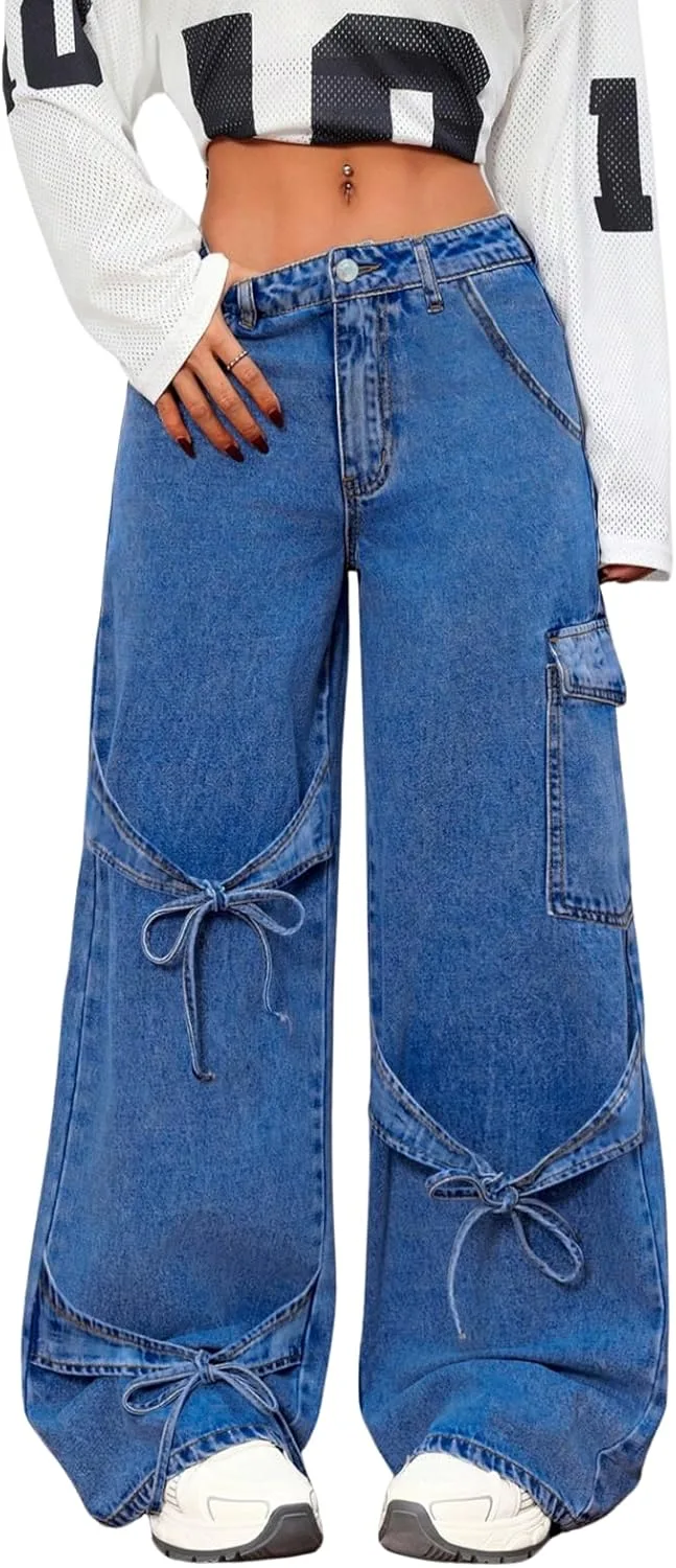 Брюки-джинсы Baggy для женщин Y2K Wide Straight Leg Mid Rise с бантами
Брюки-джинсы Baggy для женщин Y2K Wide Straight Leg Mid Rise с бантами