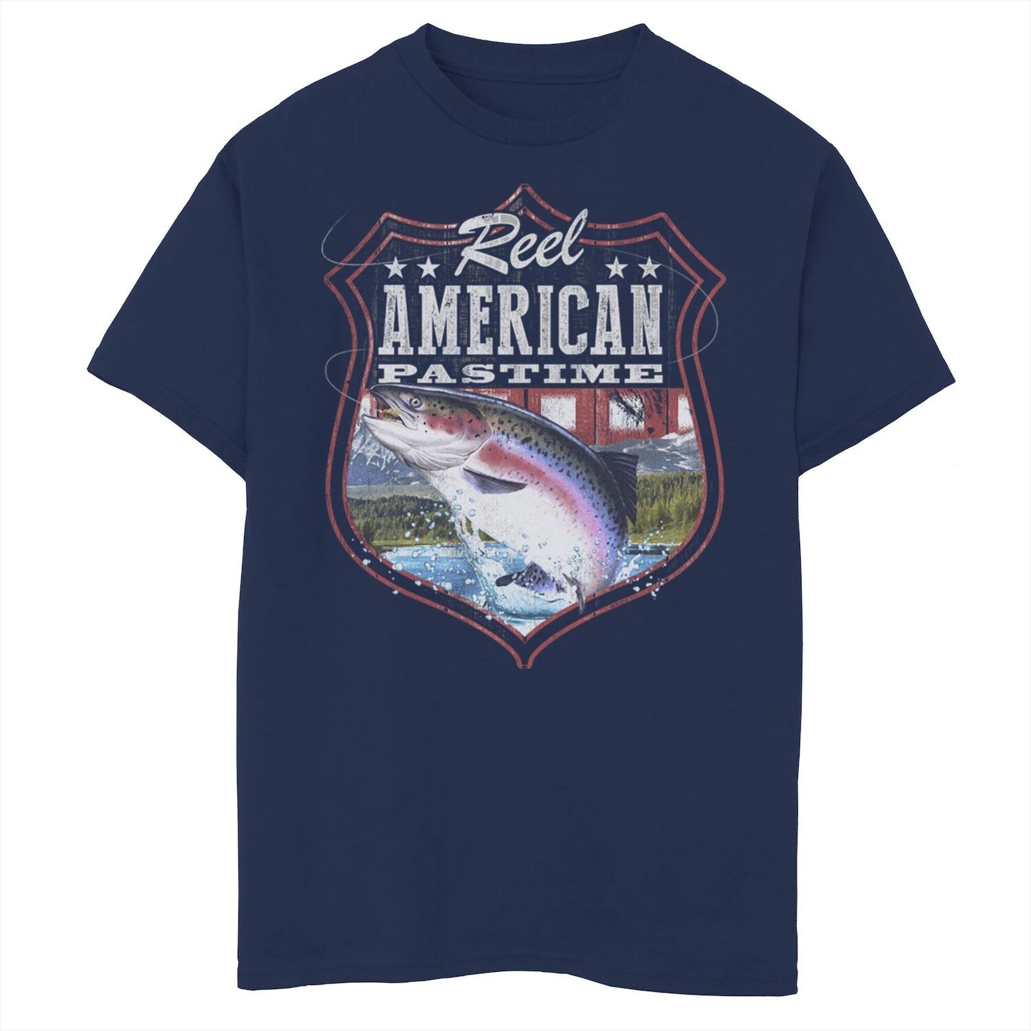 Футболка с рисунком «Американское времяпрепровождение» и прыгающей рыбой в виде щита для мальчиков 8–20 лет Americana Reel Licensed Character
Футболка с рисунком «Американское времяпрепровождение» и прыгающей рыбой в виде щита для мальчиков 8–20 лет Americana Reel Licensed Character