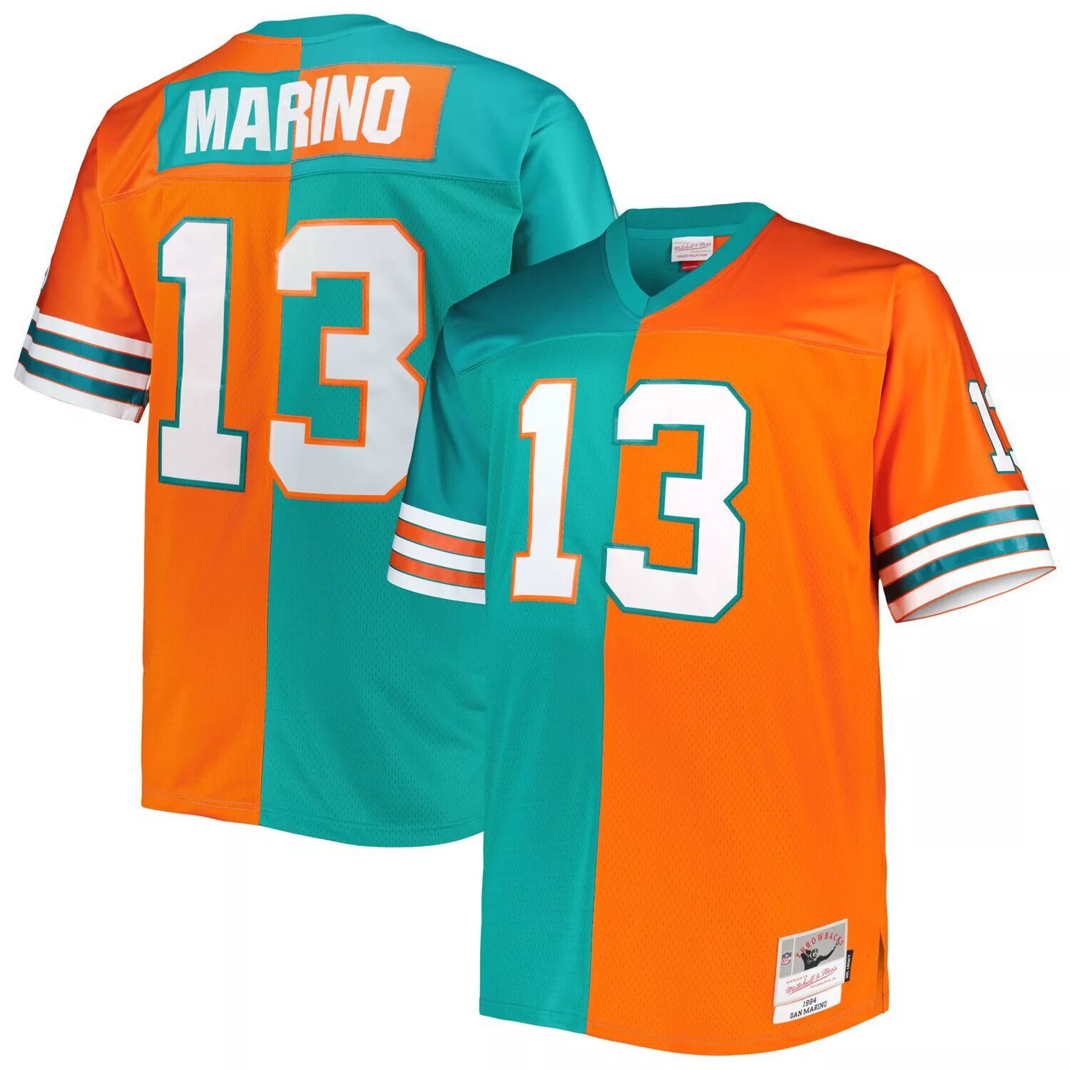 Мужская футболка Mitchell & Ness Dan Marino Aqua/Orange Miami Dolphins Big & Tall Split Legacy Retired Player, реплика Джерси 
Мужская футболка Mitchell & Ness Dan Marino Aqua/Orange Miami Dolphins Big & Tall Split Legacy Retired Player, реплика Джерси