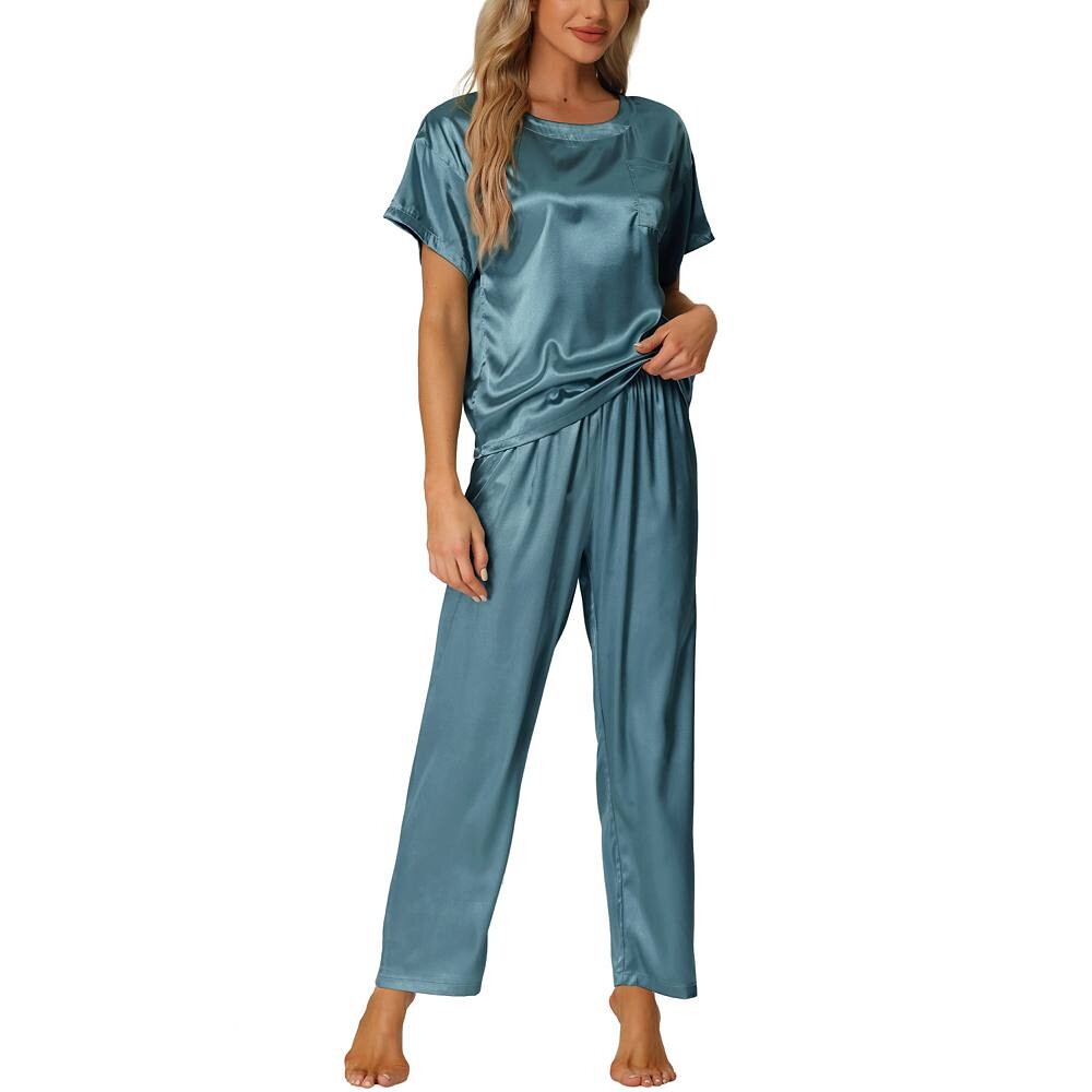 Женские атласные пижамы, летние наряды, топы с короткими рукавами и брюки, шелковистые комплекты для отдыха Cheibear, цвет Peacock Blue
Женские атласные пижамы, летние наряды, топы с короткими рукавами и брюки, шелковистые комплекты для отдыха Cheibear, цвет Peacock Blue