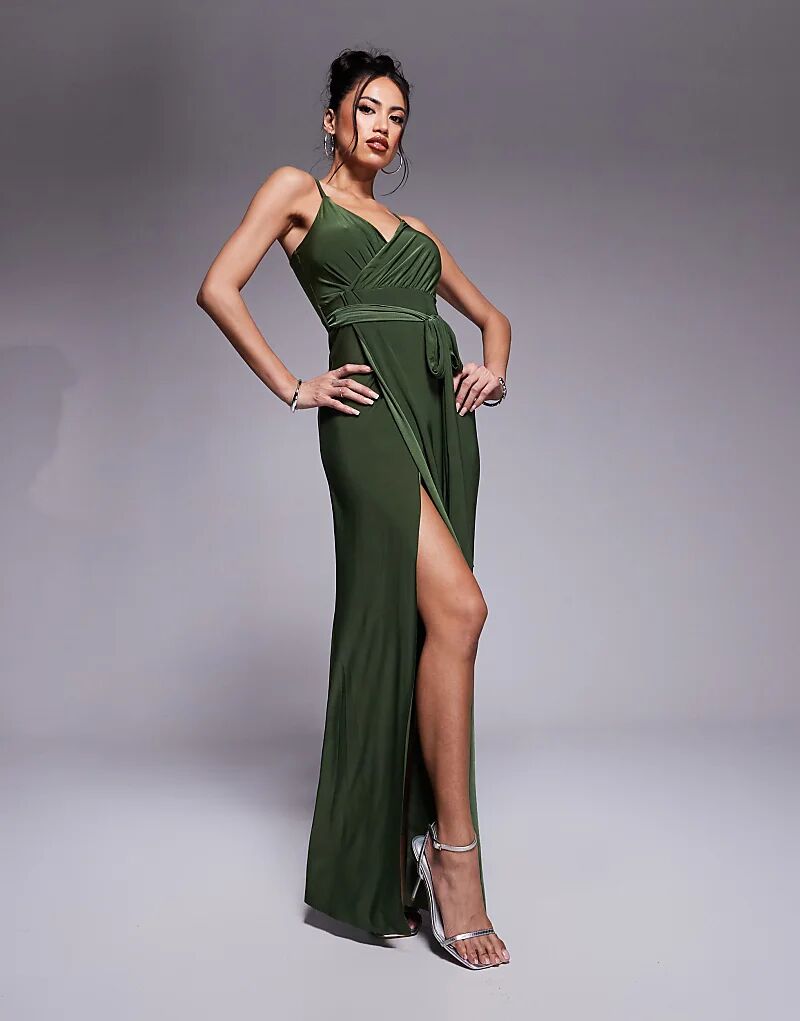 Платье-комбинация макси с запахом спереди и завязкой на талии оливкового цвета Goddiva
Платье-комбинация макси с запахом спереди и завязкой на талии оливкового цвета Goddiva