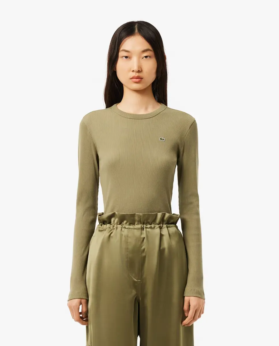 Женская хлопковая футболка с длинными рукавами в рубчик Lacoste, военный зеленый
Женская хлопковая футболка с длинными рукавами в рубчик Lacoste, военный зеленый