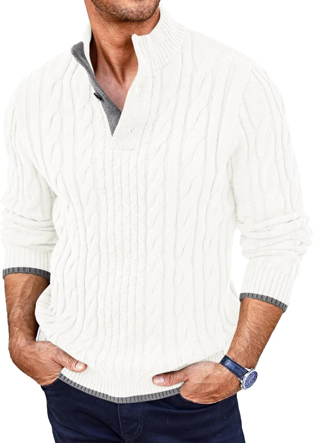 Мужской свитер с воротником стойкой и кабельной вязкой Yousify
Мужской свитер с воротником стойкой и кабельной вязкой Yousify