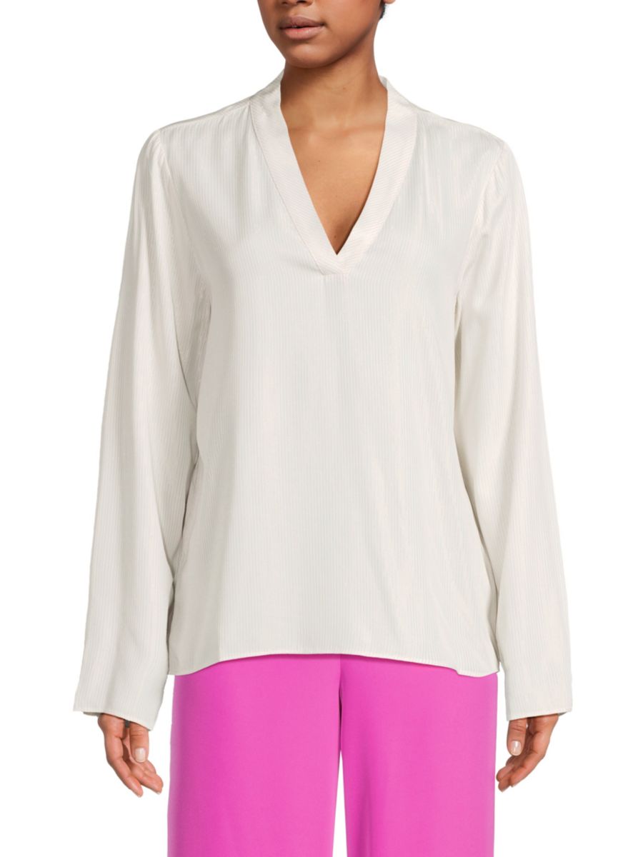 Блузка с V-образным вырезом и полоской Halston, кремовый 
Блузка с V-образным вырезом и полоской Halston, кремовый