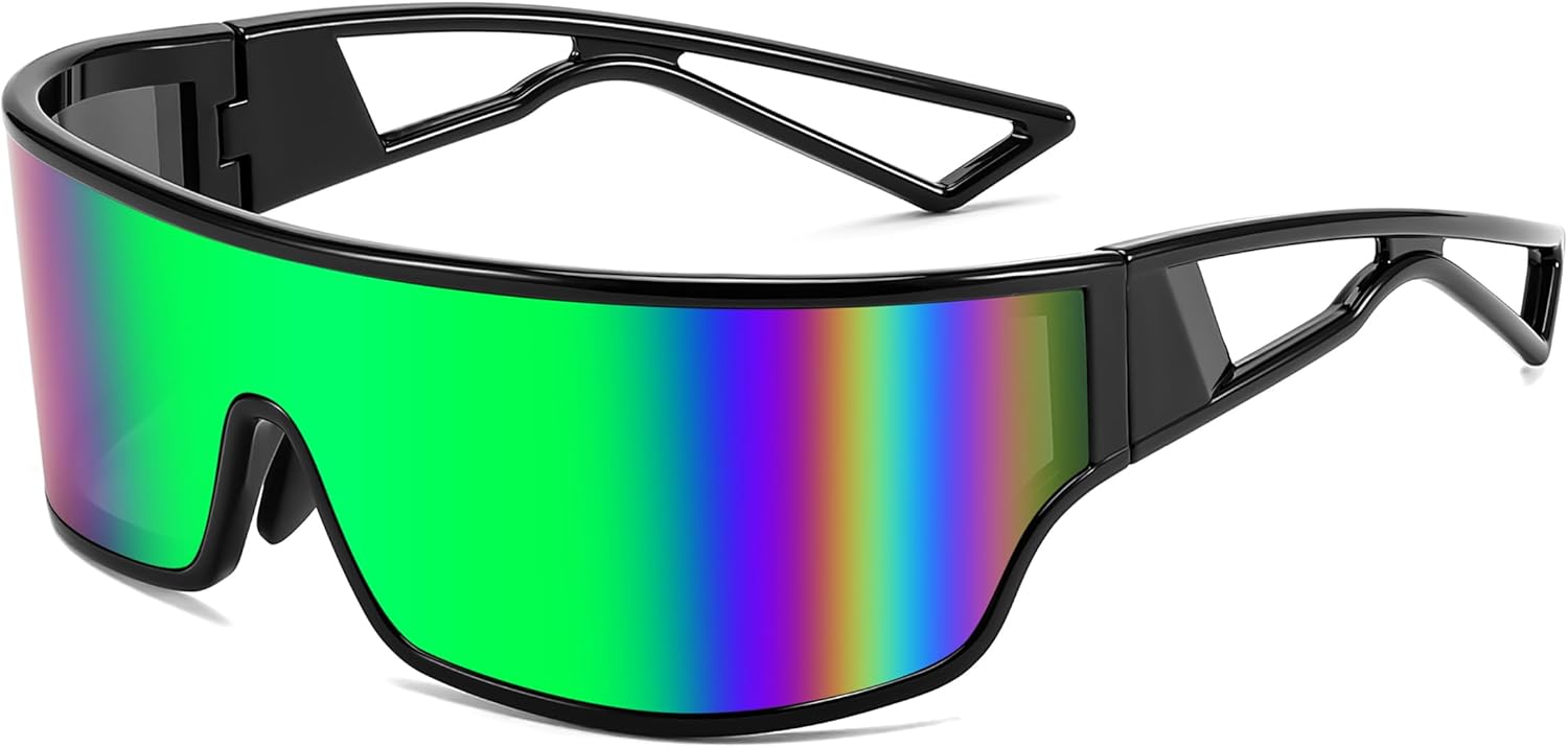 FEISEDY Модные футуристические солнцезащитные очки с плоской верхней частью, зеркальными линзами, цельной конструкцией, светоотражающие, для женщин и мужчин B0161, Black Frame Green Mirrored Lens
FEISEDY Модные футуристические солнцезащитные очки с плоской верхней частью, зеркальными линзами, цельной конструкцией, светоотражающие, для женщин и мужчин B0161, Black Frame Green Mirrored Lens