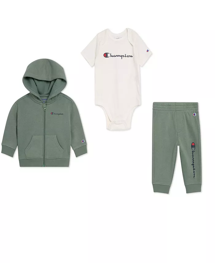 Комплект для мальчиков: боди с короткими рукавами, худи и джоггеры Champion, зеленый
Комплект для мальчиков: боди с короткими рукавами, худи и джоггеры Champion, зеленый