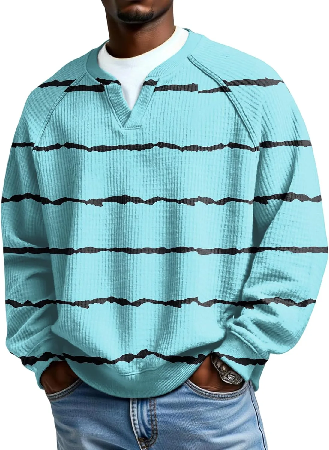 Мужская футболка с V-образным вырезом и длинным рукавом, Casual, Plus Size, в полоску
Мужская футболка с V-образным вырезом и длинным рукавом, Casual, Plus Size, в полоску