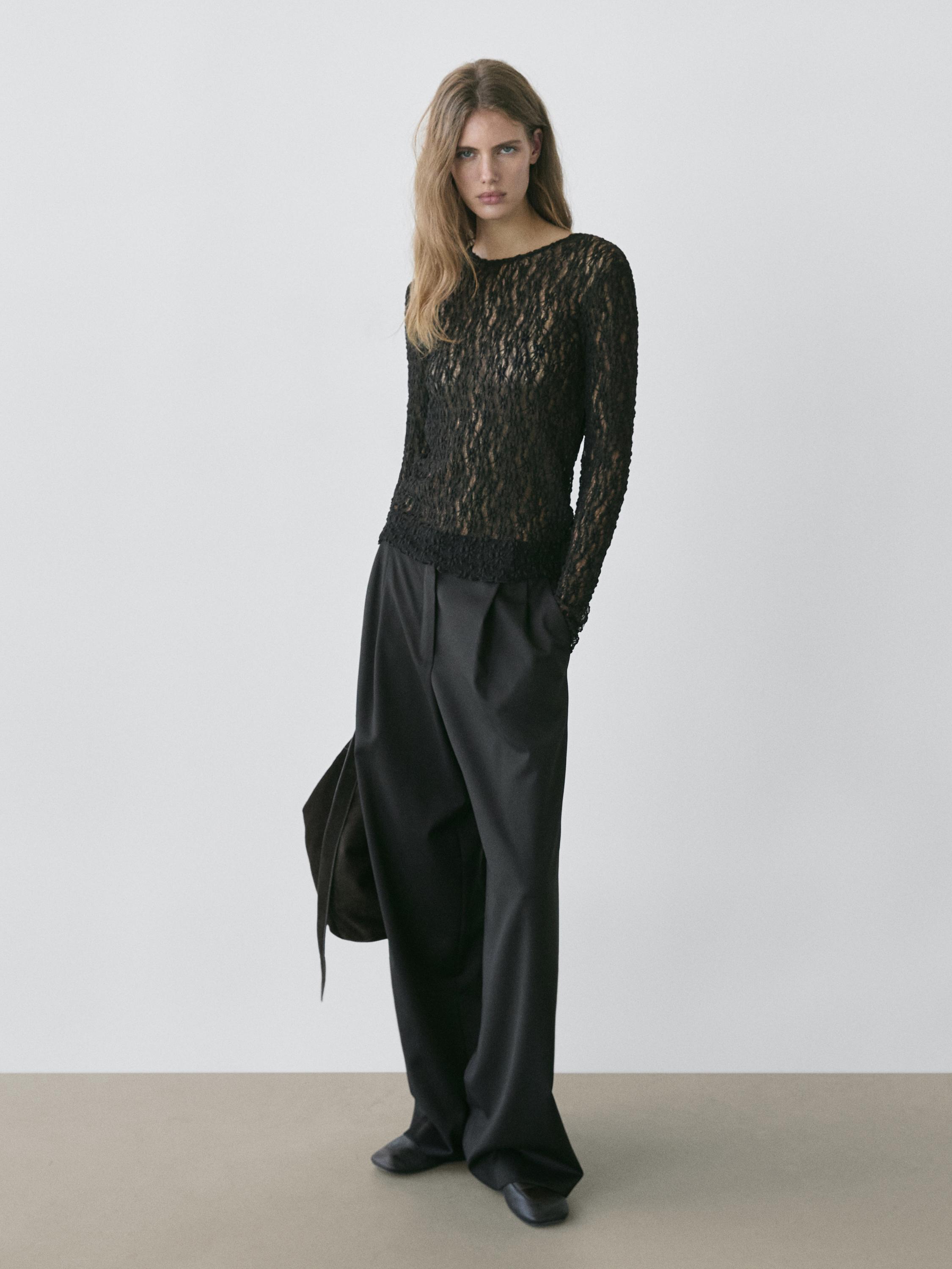 Ажурный вязаный топ с длинными рукавами и кружевом Massimo Dutti, black
Ажурный вязаный топ с длинными рукавами и кружевом Massimo Dutti, black