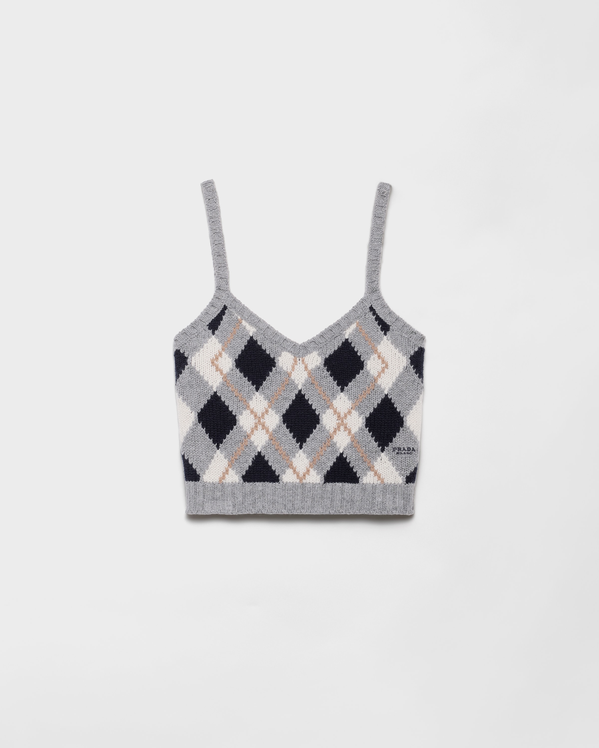 Кашемировый топ с вязкой аргайл Prada, серый
Кашемировый топ с вязкой аргайл Prada, серый
