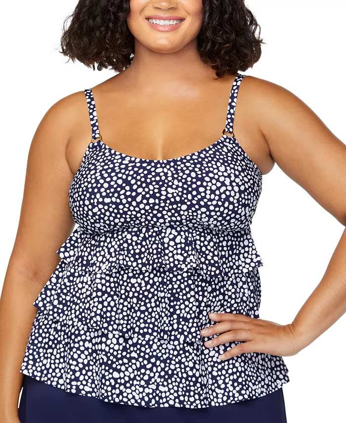 Топ-танкини с точечным принтом и ярусами, большие размеры Island Escape, синий 
Топ-танкини с точечным принтом и ярусами, большие размеры Island Escape, синий