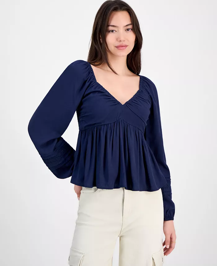 Блузка для юниоров с V-образным вырезом и кружевными вставками Self Esteem, синий 
Блузка для юниоров с V-образным вырезом и кружевными вставками Self Esteem, синий