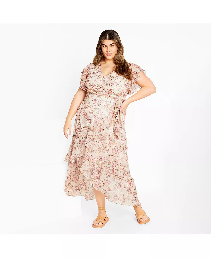 Платье макси с ярусами и принтом Flirty Plus Size CITY CHIC, розовый 
Платье макси с ярусами и принтом Flirty Plus Size CITY CHIC, розовый