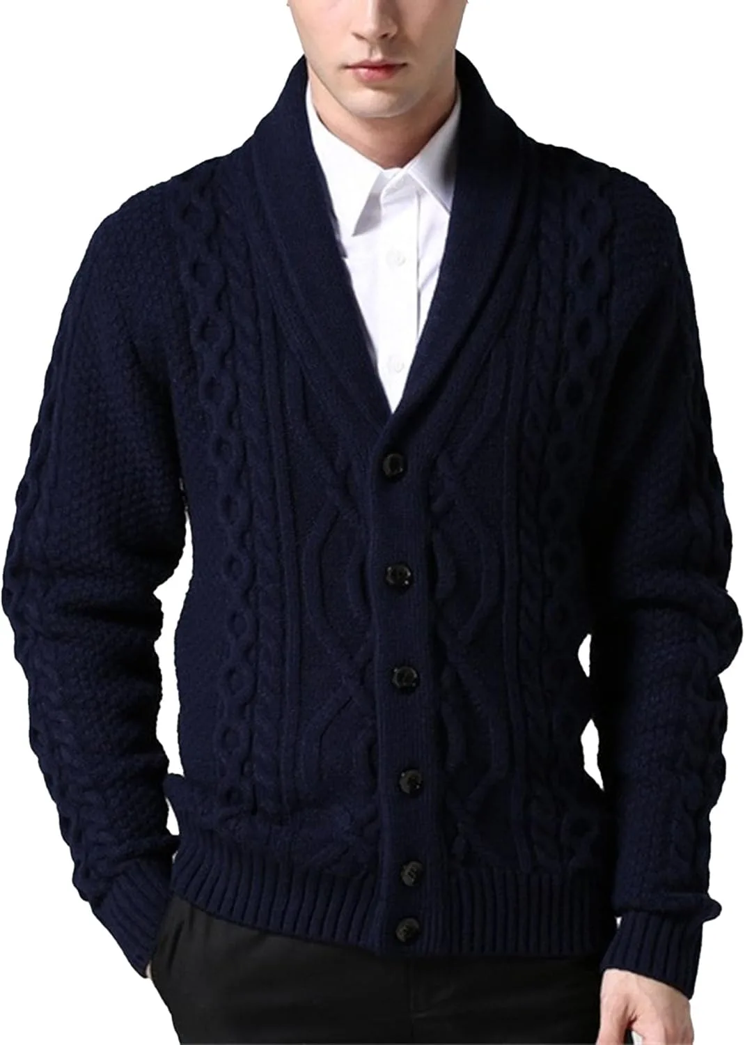 Мужской кардиган с воротником-шалью, кабельной вязкой и пуговицами QOAAIE
Мужской кардиган с воротником-шалью, кабельной вязкой и пуговицами QOAAIE