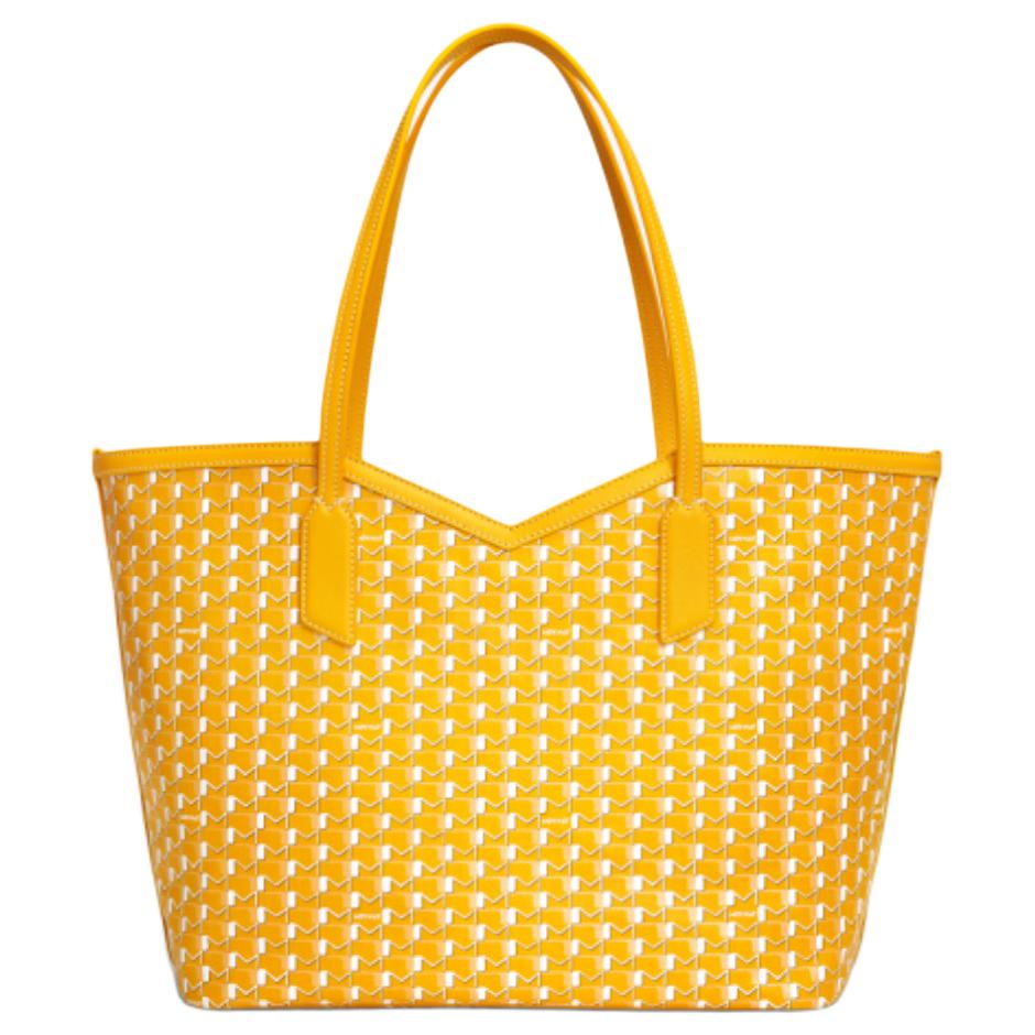 Сумка-шоппер Moynat из холщовой ткани с кожаными вставками, желто-белая, через плечо 
Сумка-шоппер Moynat из холщовой ткани с кожаными вставками, желто-белая, через плечо