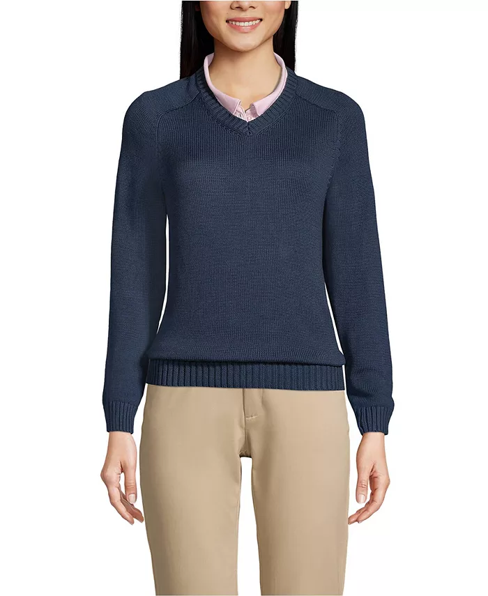 Женский хлопковый модальный свитер с V-образным вырезом Lands' End, синий 
Женский хлопковый модальный свитер с V-образным вырезом Lands' End, синий