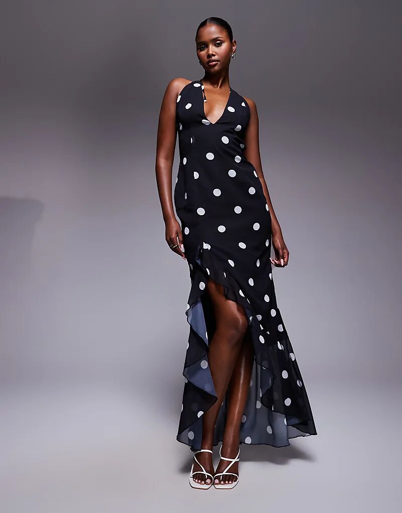 Эксклюзивное платье макси Murci с глубоким декольте, высоким асимметричным подолом и глубоким вырезом в черный горошек
Эксклюзивное платье макси Murci с глубоким декольте, высоким асимметричным подолом и глубоким вырезом в черный горошек