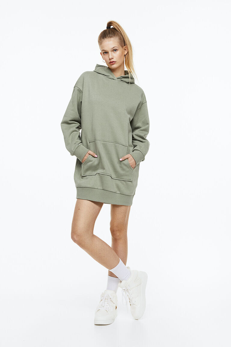 Платье-толстовка с капюшоном H&M, хаки 
Платье-толстовка с капюшоном H&M, хаки