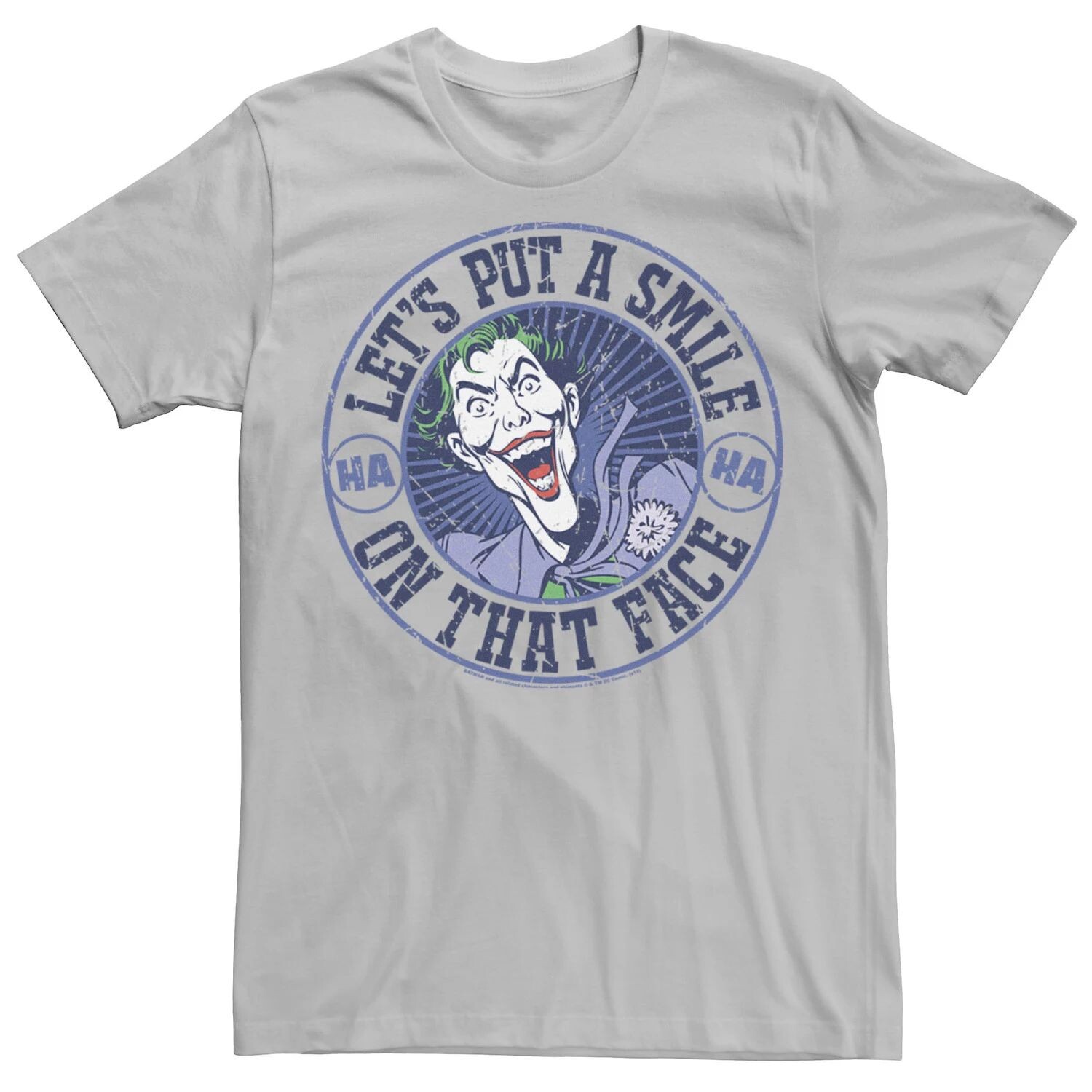 Мужская футболка Batman Joker с надписью Smile On Stamp Tee DC Comics, серебристый 
Мужская футболка Batman Joker с надписью Smile On Stamp Tee DC Comics, серебристый