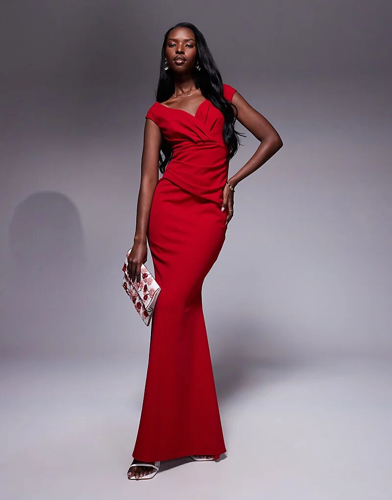 Платье макси Goddiva Bardot с плиссировкой красного цвета 
Платье макси Goddiva Bardot с плиссировкой красного цвета