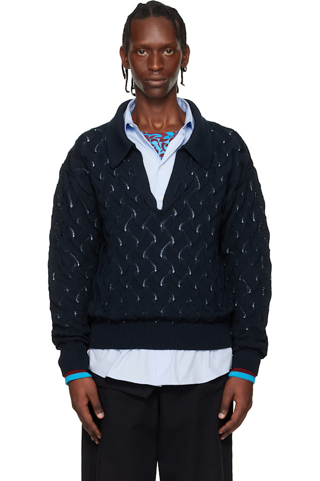 Поло-Свитер с кружевной отделкой Dries Van Noten, темно-синий
Поло-Свитер с кружевной отделкой Dries Van Noten, темно-синий