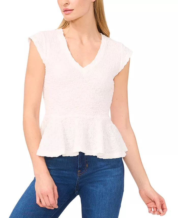 Женский вязаный топ с V-образным вырезом и плиссированной баской CeCe, белый
Женский вязаный топ с V-образным вырезом и плиссированной баской CeCe, белый