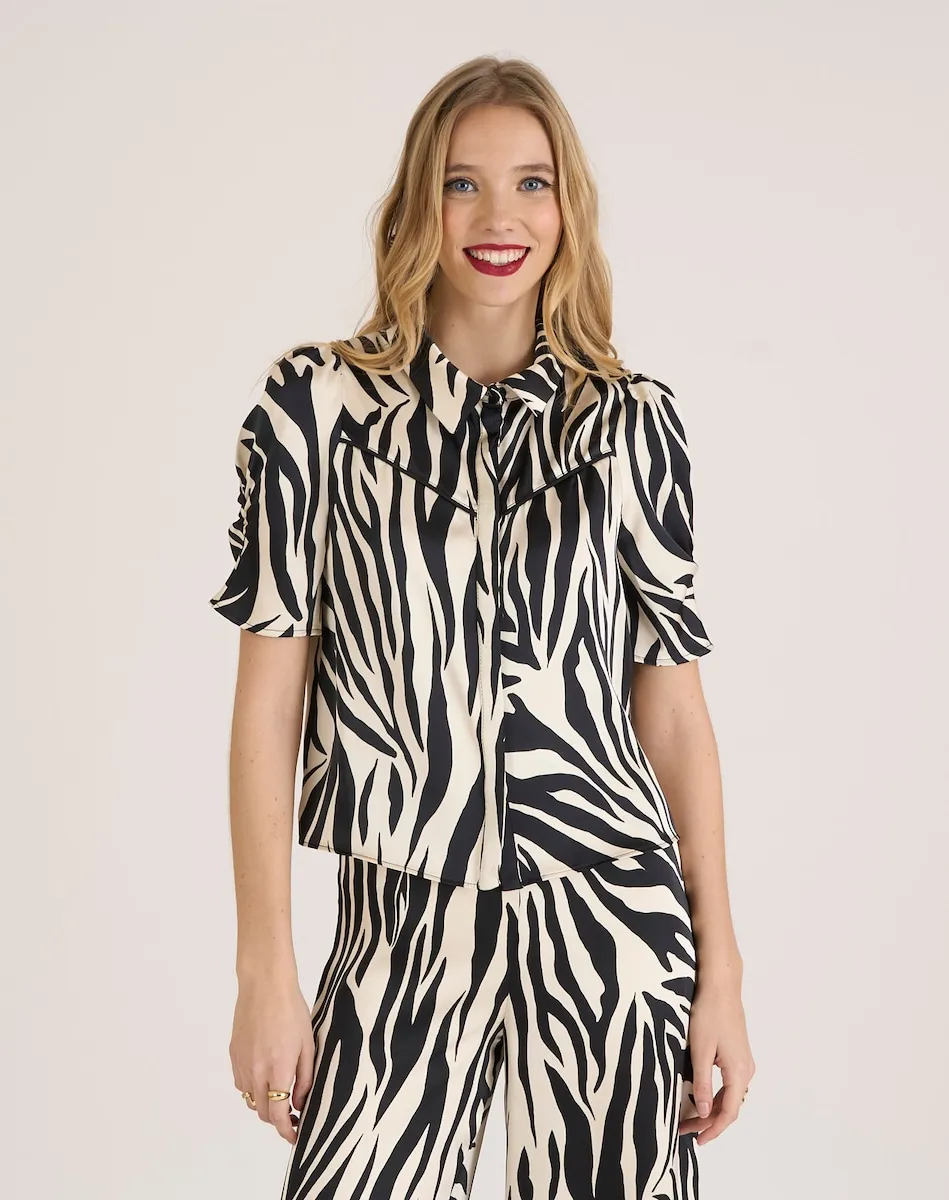 Женская атласная рубашка с принтом зебра Naf Naf, черный
Женская атласная рубашка с принтом зебра Naf Naf, черный