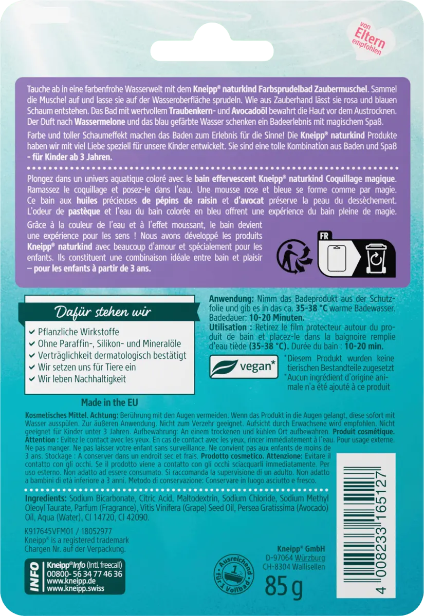 Детская добавка для ванн Magic Shell цветная пена для ванны 85г Kneipp Naturkind
Детская добавка для ванн Magic Shell цветная пена для ванны 85г Kneipp Naturkind