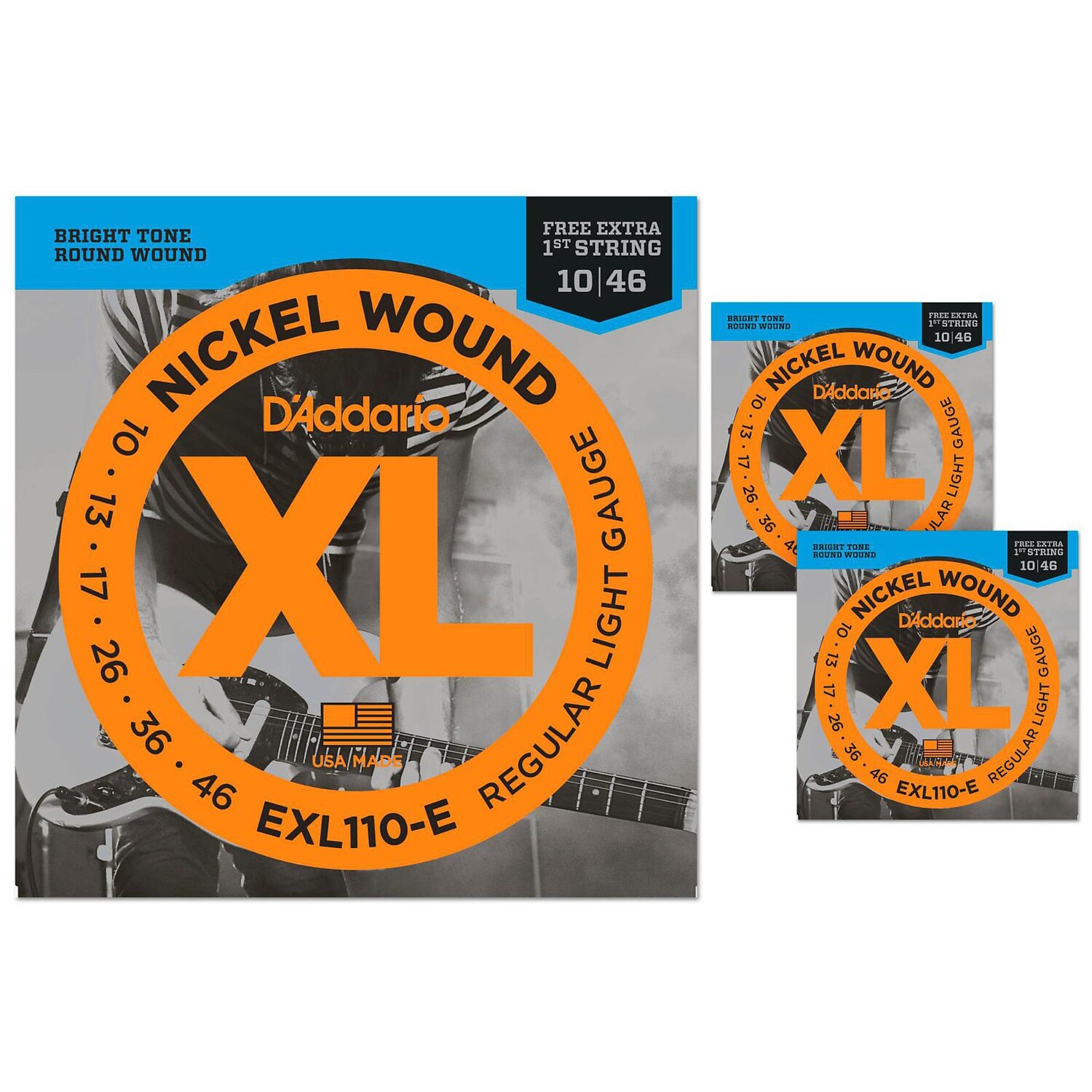 Набор из 3 легких струн для электрогитары D'Addario EXL110-E с 3 бонусными струнами High E (10-46)
Набор из 3 легких струн для электрогитары D'Addario EXL110-E с 3 бонусными струнами High E (10-46)