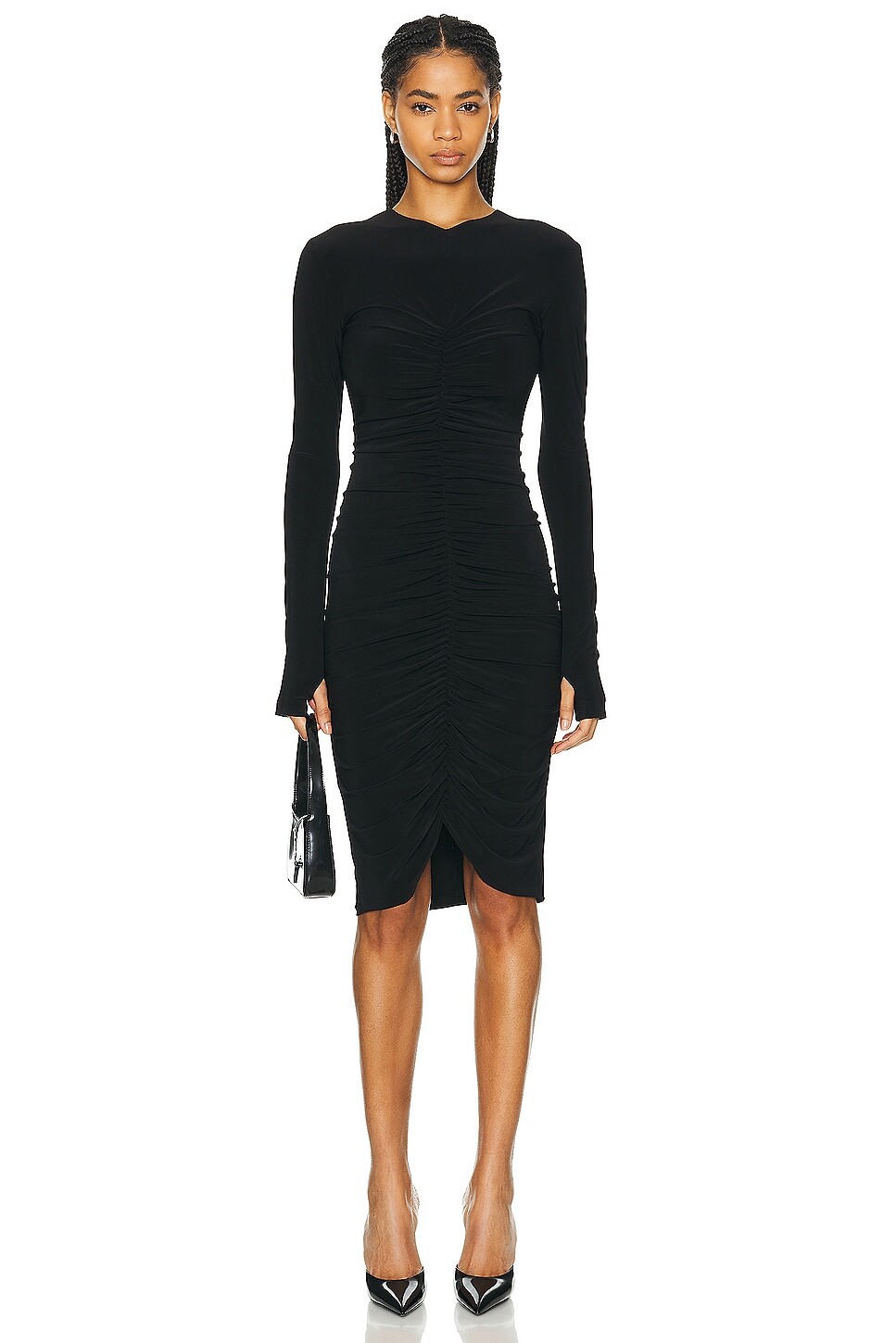 Платье с длинными рукавами и V-образным вырезом и присборенной передней частью Norma Kamali, черный
Платье с длинными рукавами и V-образным вырезом и присборенной передней частью Norma Kamali, черный