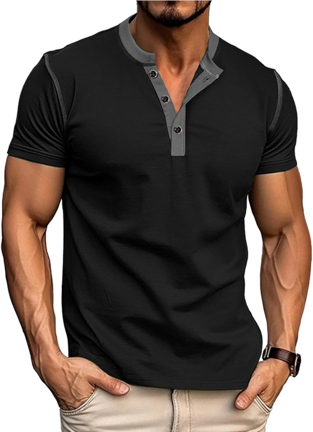 Мужская летняя футболка Henley с коротким рукавом и планкой lopmou
Мужская летняя футболка Henley с коротким рукавом и планкой lopmou