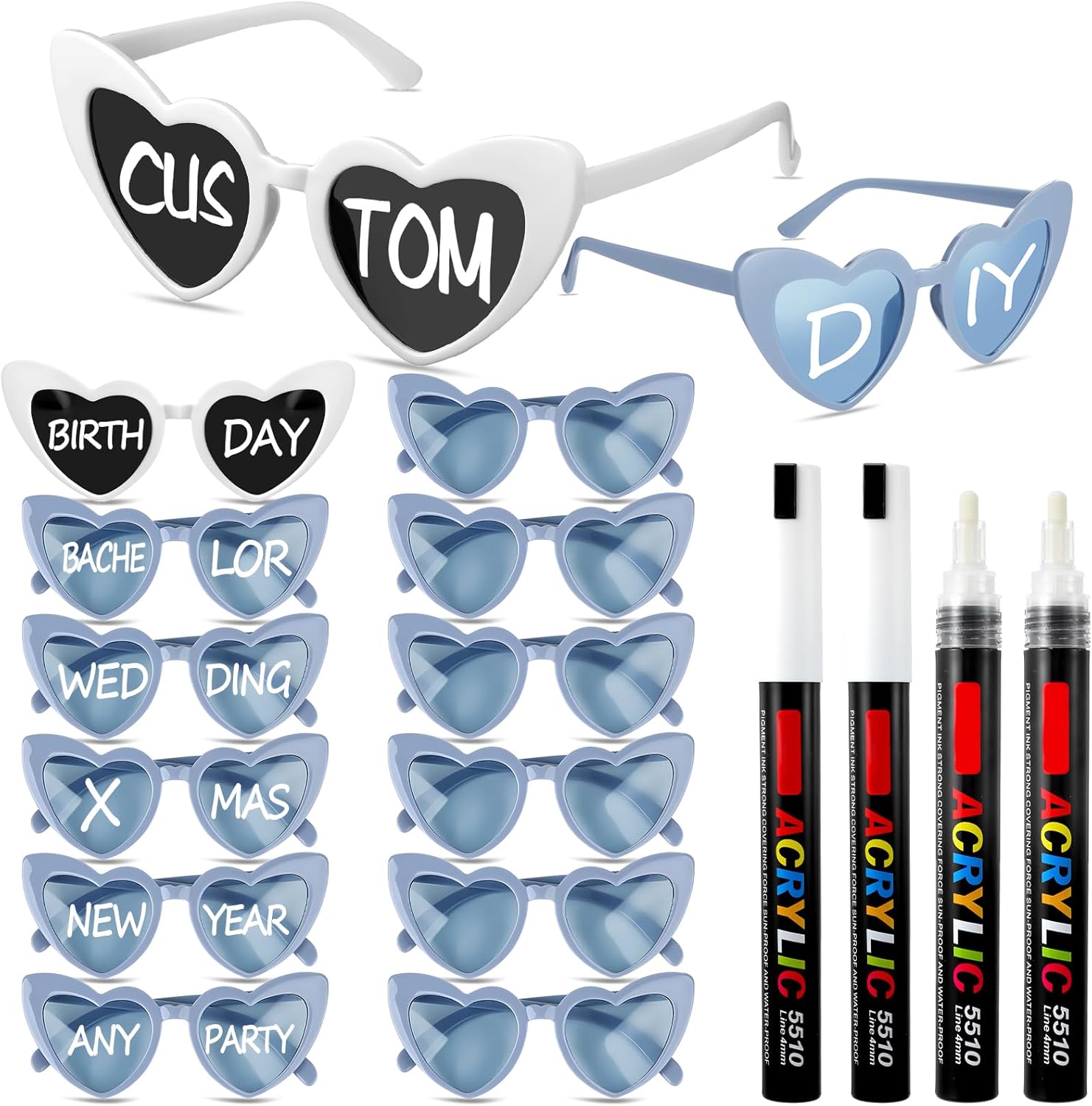 Персонализированные солнцезащитные очки в форме сердца от Flutesan. Набор очков в форме сердца с маркерами для самостоятельного изготовления свадебных сувениров, White and Dusty Blue
Персонализированные солнцезащитные очки в форме сердца от Flutesan. Набор очков в форме сердца с маркерами для самостоятельного изготовления свадебных сувениров, White and Dusty Blue