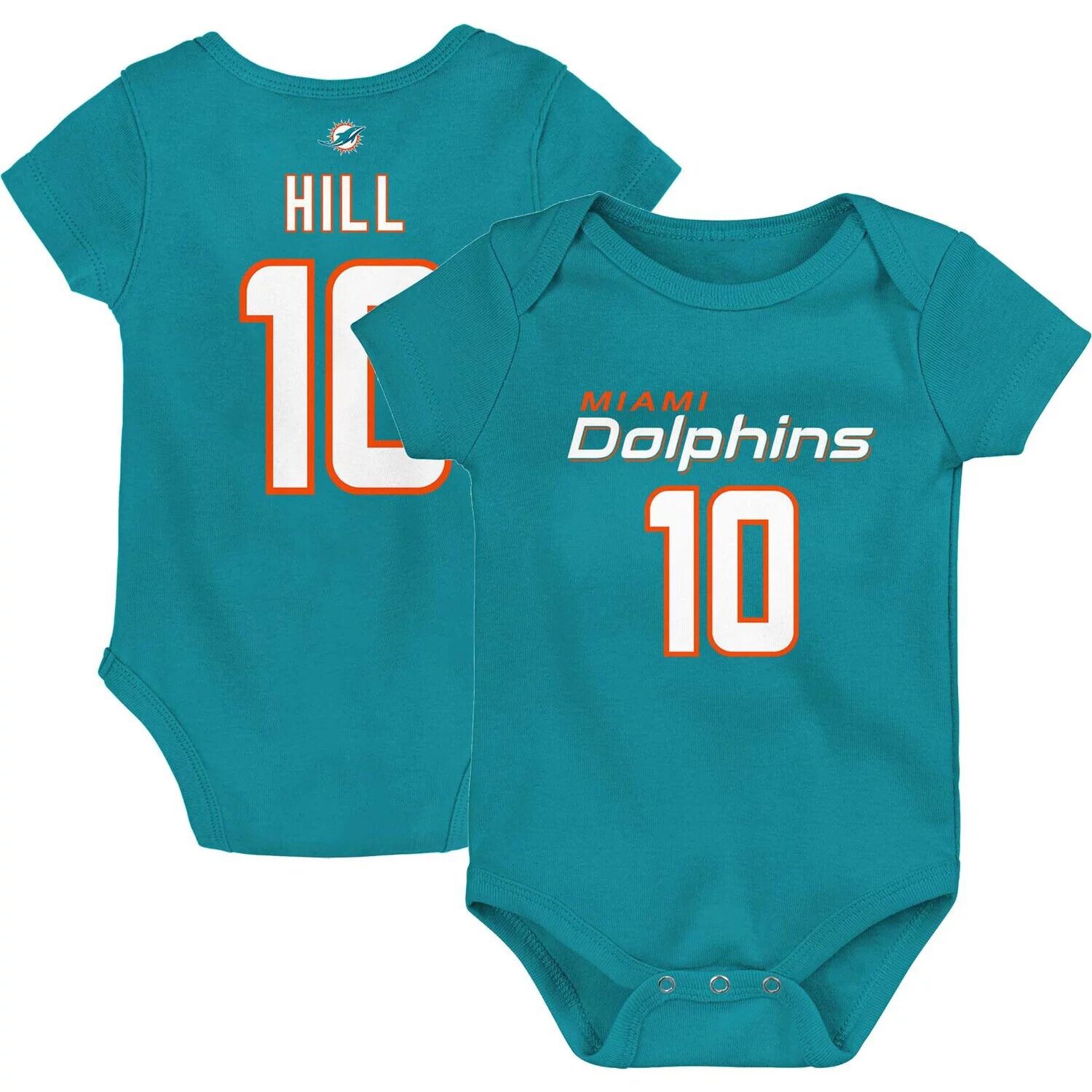 Боди для новорожденных и младенцев Tyreek Hill Aqua Miami Dolphins Mainliner Имя и номер игрока Outerstuff 
Боди для новорожденных и младенцев Tyreek Hill Aqua Miami Dolphins Mainliner Имя и номер игрока Outerstuff