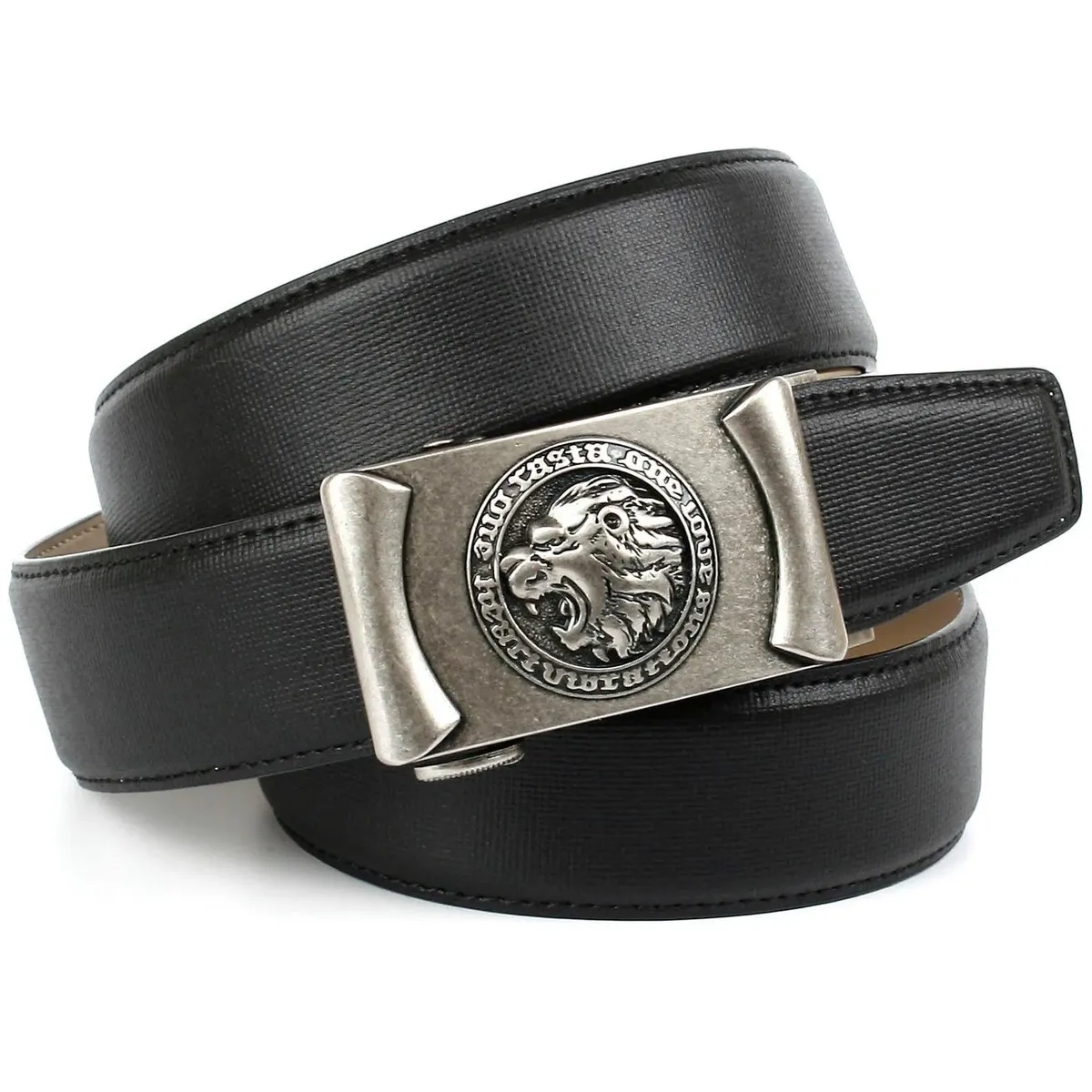 Кожаный ремень Anthoni Crown с металлической пряжкой цвета старинного серебра "Голова льва", черный