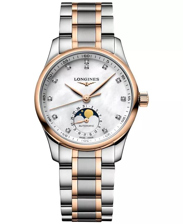 Женские швейцарские автоматические часы The Longines Master Diamond (1/20 карата t.w.), розовое золото 18 карат и браслет из нержавеющей стали, 34 мм
Женские швейцарские автоматические часы The Longines Master Diamond (1/20 карата t.w.), розовое золото 18 карат и браслет из нержавеющей стали, 34 мм