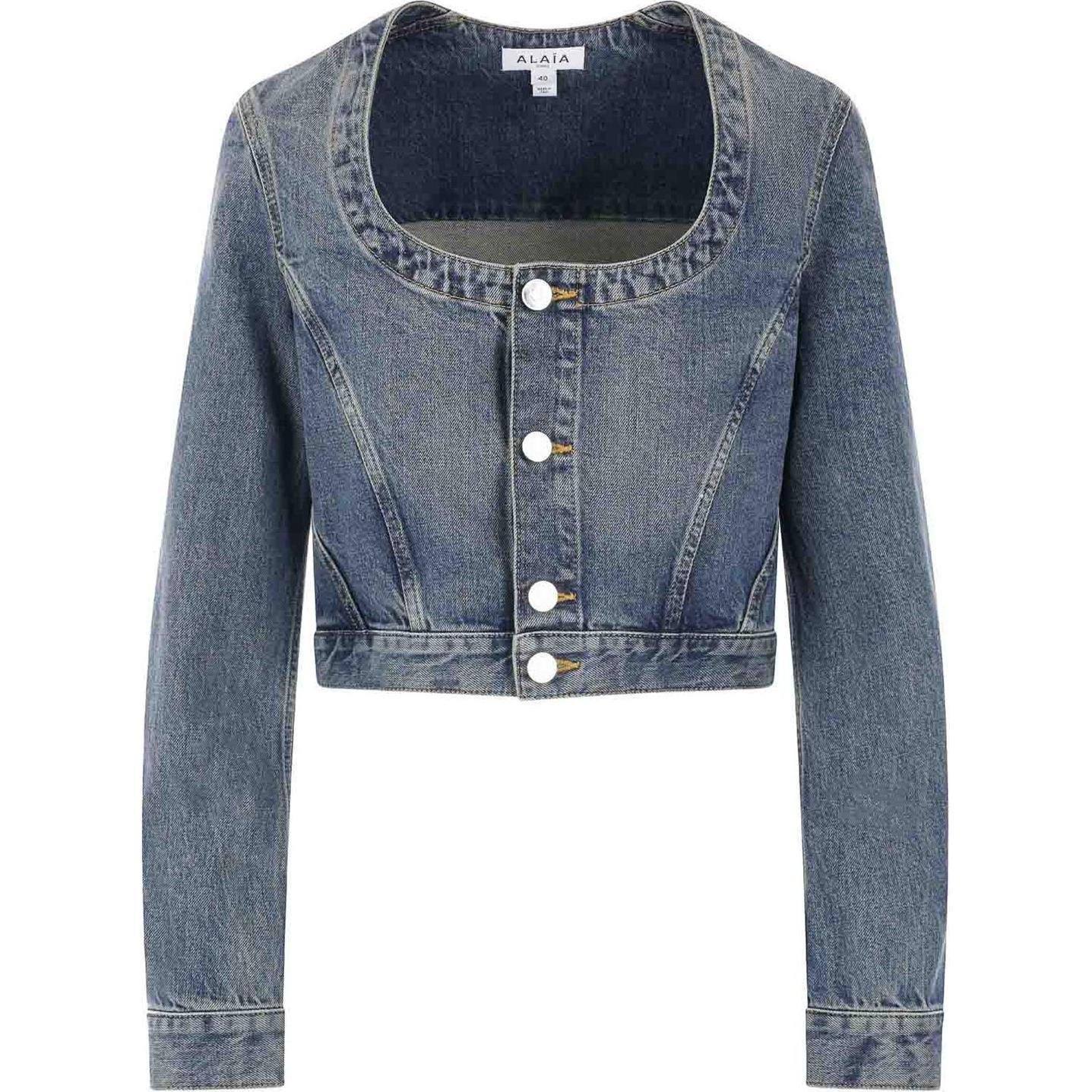 Alaia Короткий джинсовый жакет с круглым вырезом, Light Blue
Alaia Короткий джинсовый жакет с круглым вырезом, Light Blue